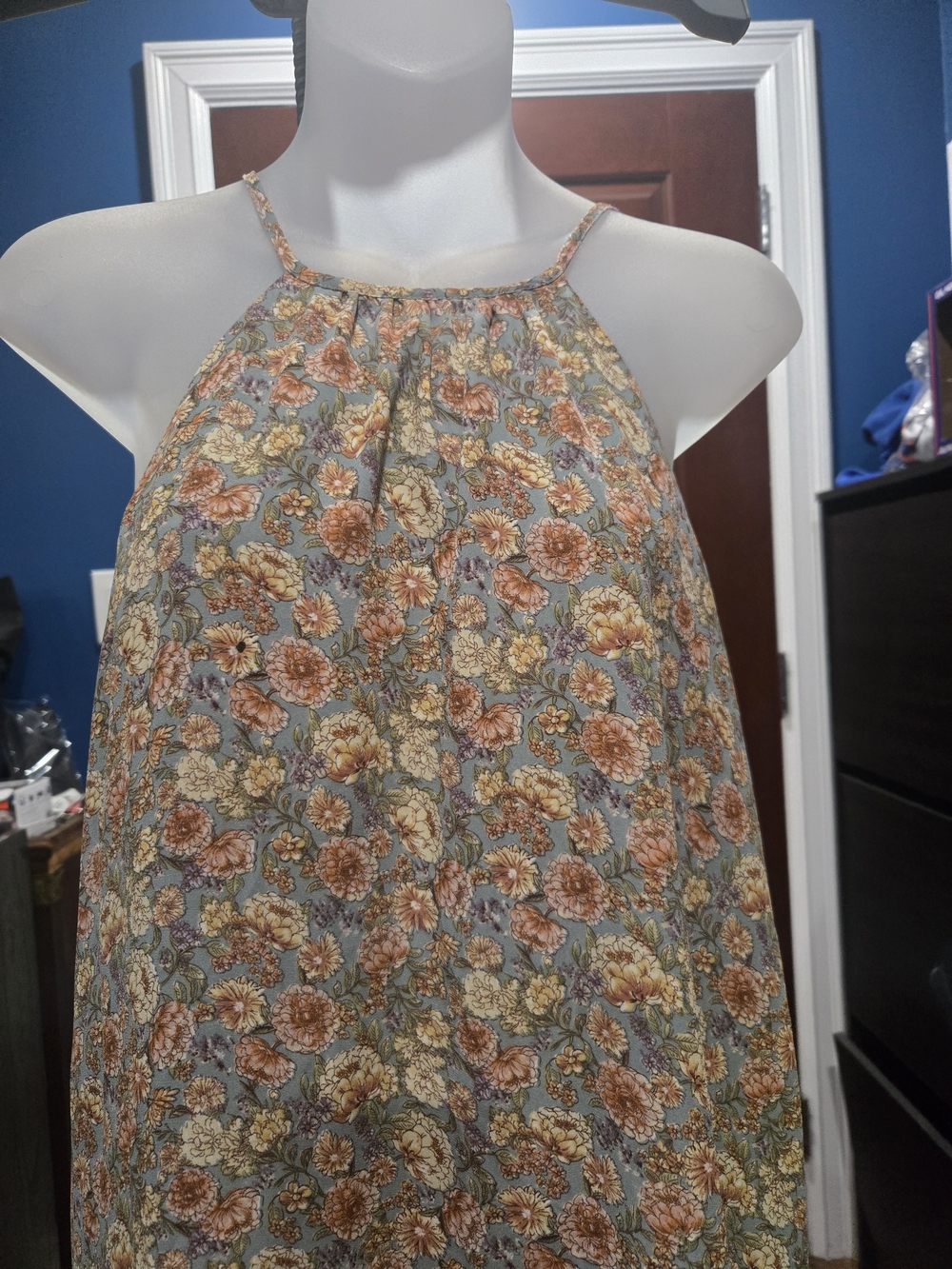 Forever 21 Floral Halter Dress in Dusty Blue and Rust, M